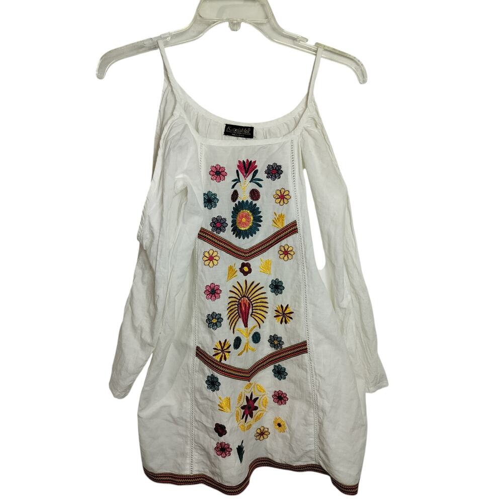 4684)Kanishka Multicolor Embroidery Cold Shoulder Boho Blouse  Medium
